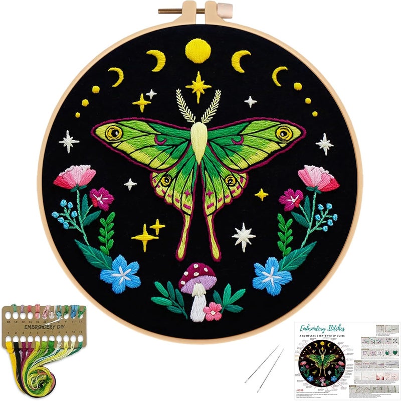 Nuberlic Moth Embroidery Kits for Beginners - Embroidery Starter Cross Stitch Kit DIY Needlepoint Including Cloth with Pattern, Hoop, Needles Instruction and Threads - Image 1